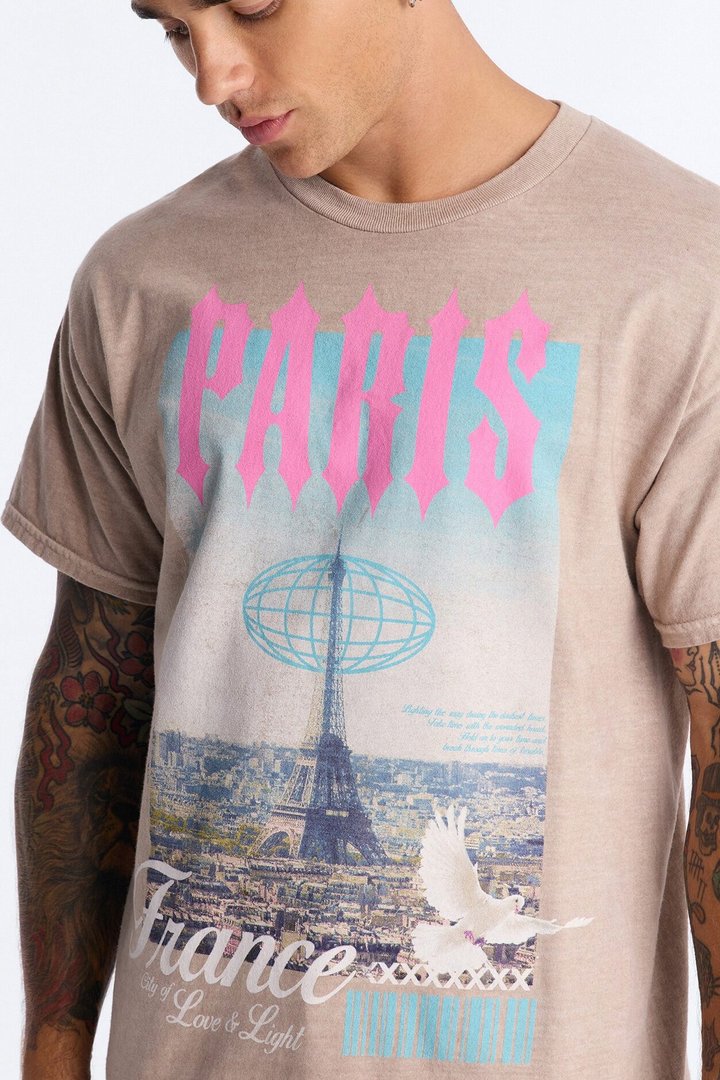 Doves In Paris Vintage Short Sleeve Tee - Sand