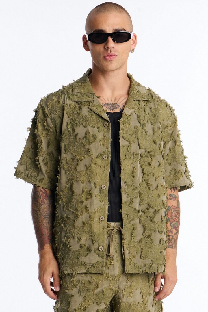 Sandworm Dune Cuban Collar Button Up Shirt - Olive