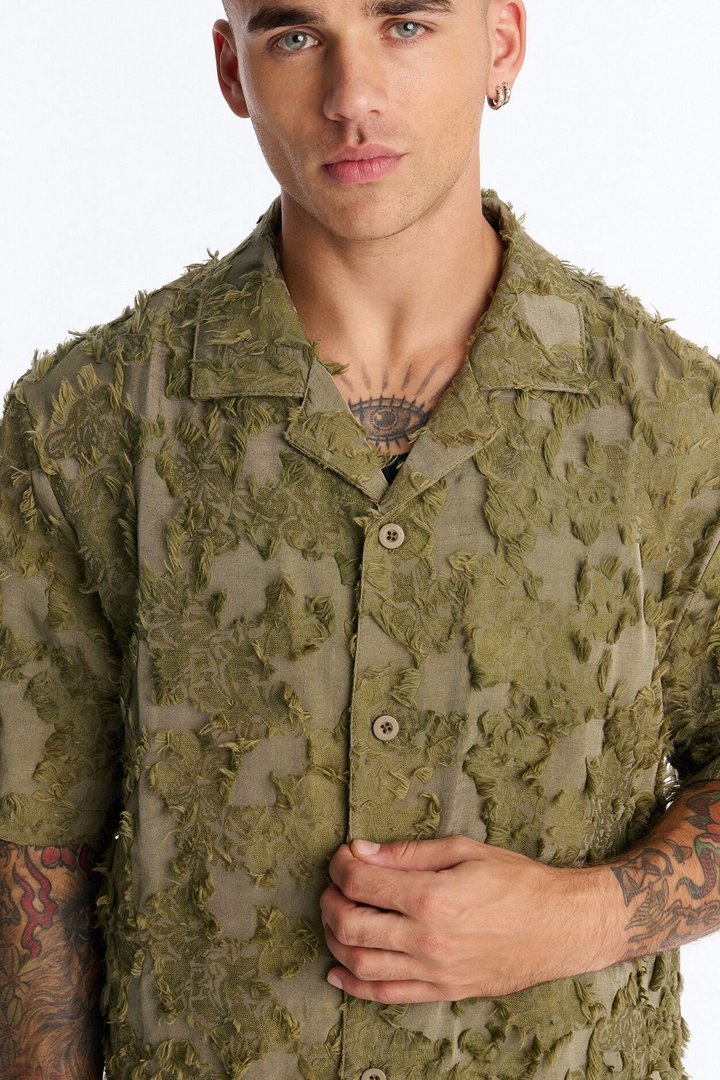 Sandworm Dune Cuban Collar Button Up Shirt - Olive