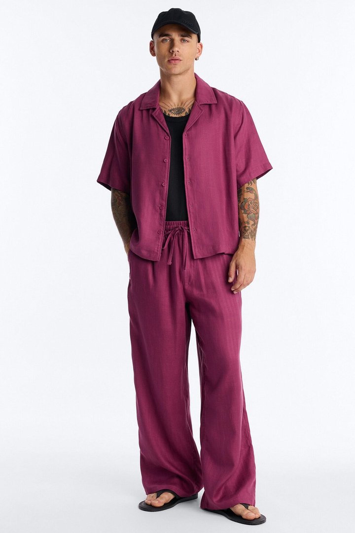Cropped Wastelander Cuban Collar Button Up Shirt - Purple