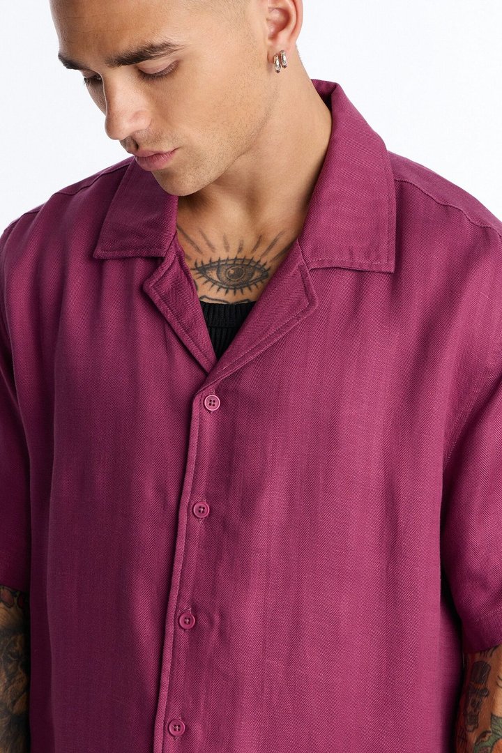 Cropped Wastelander Cuban Collar Button Up Shirt - Purple