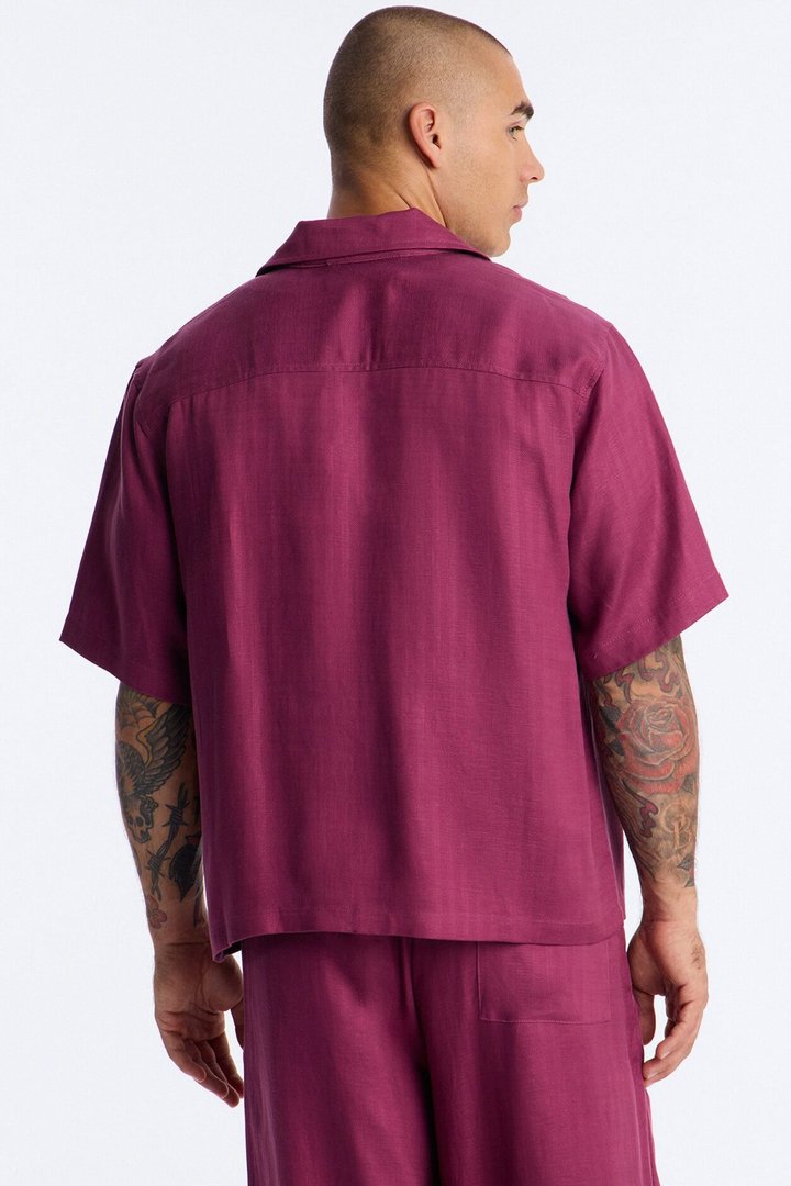 Cropped Wastelander Cuban Collar Button Up Shirt - Purple