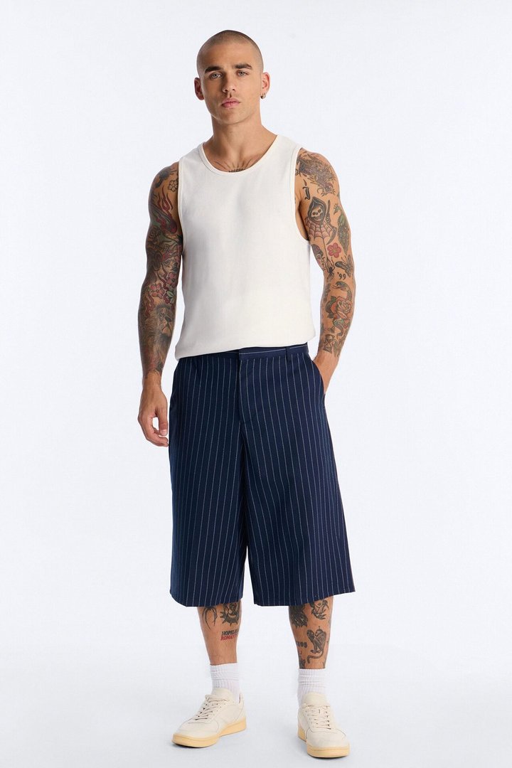 Baggy Striped Trouser Short - Navy
