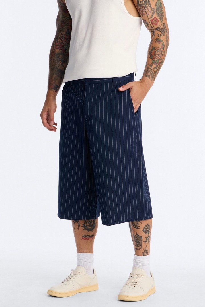 Baggy Striped Trouser Short - Navy