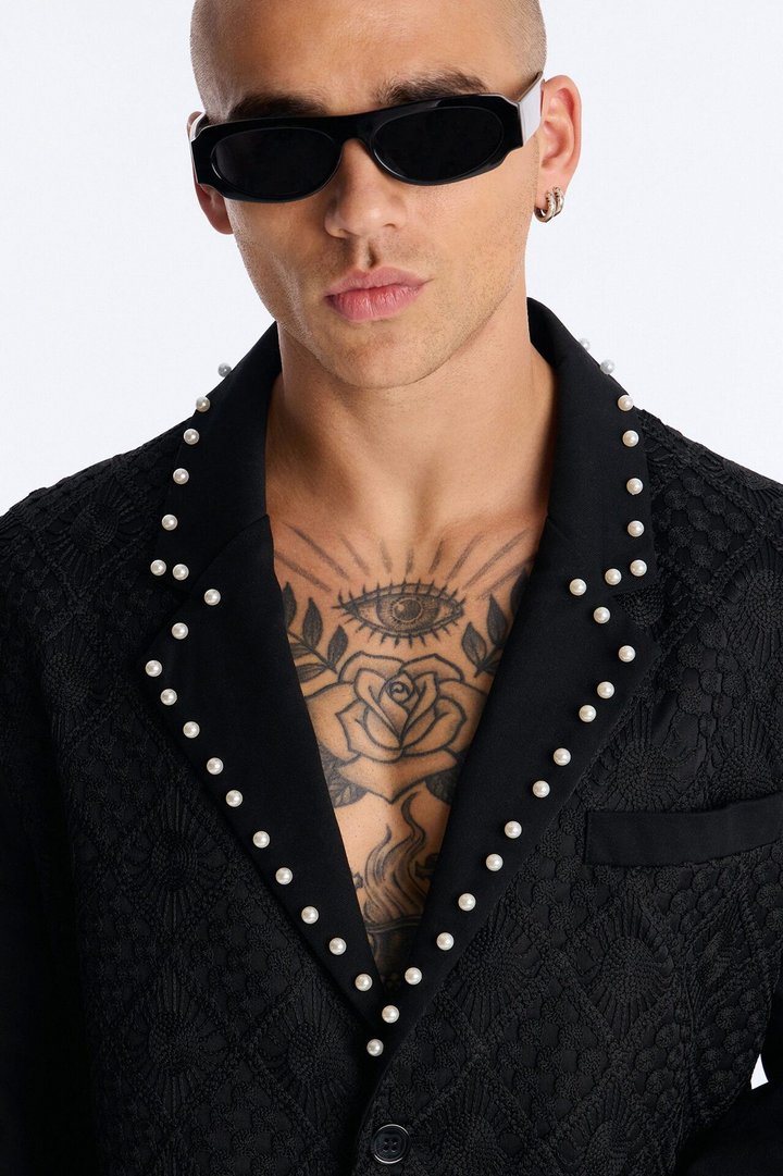 Lattice Boxy Cropped Pearl Single Breasted Blazer - Black