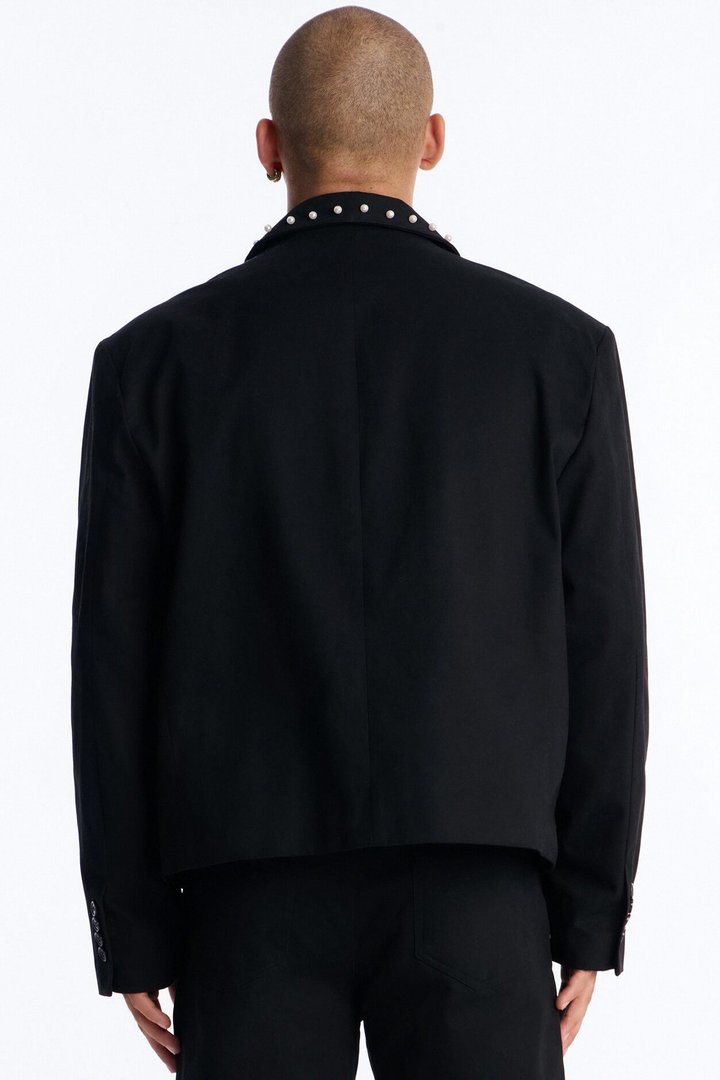 Lattice Boxy Cropped Pearl Single Breasted Blazer - Black