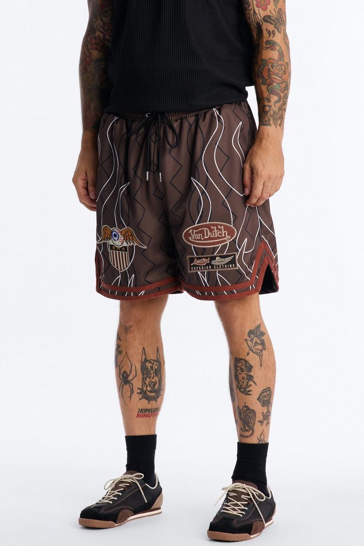Von Dutch Flame Embroidery Patch Mesh Short - Chocolate