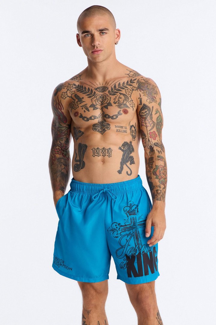 Jesus Is King Swim Trunk 7″ - Blue