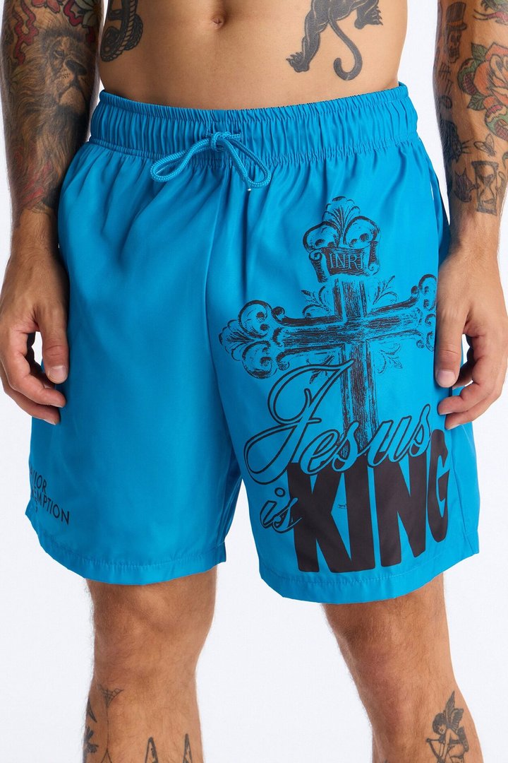Jesus Is King Swim Trunk 7″ - Blue