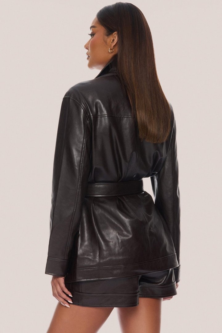 Zaya Belted Faux Leather Jacket - Chocolate
