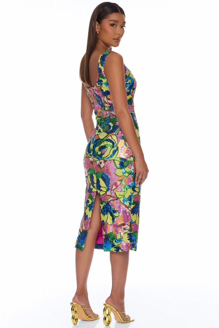 Liliana Square Neck Sequin Midi Dress - Pink/combo