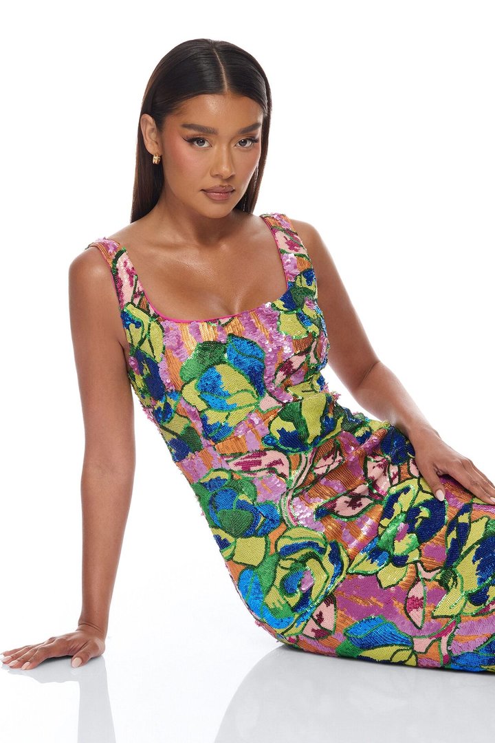 Liliana Square Neck Sequin Midi Dress - Pink/combo