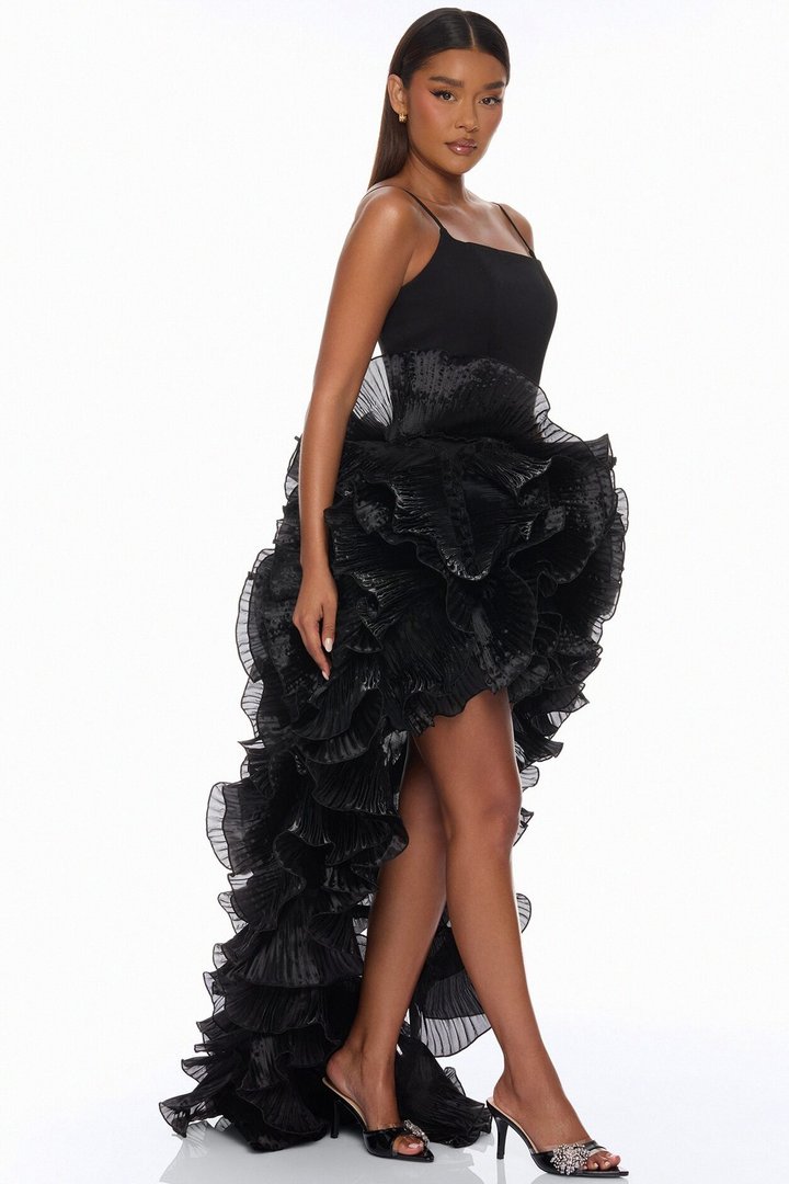 So Popular High Low Ruffle Gown - Black