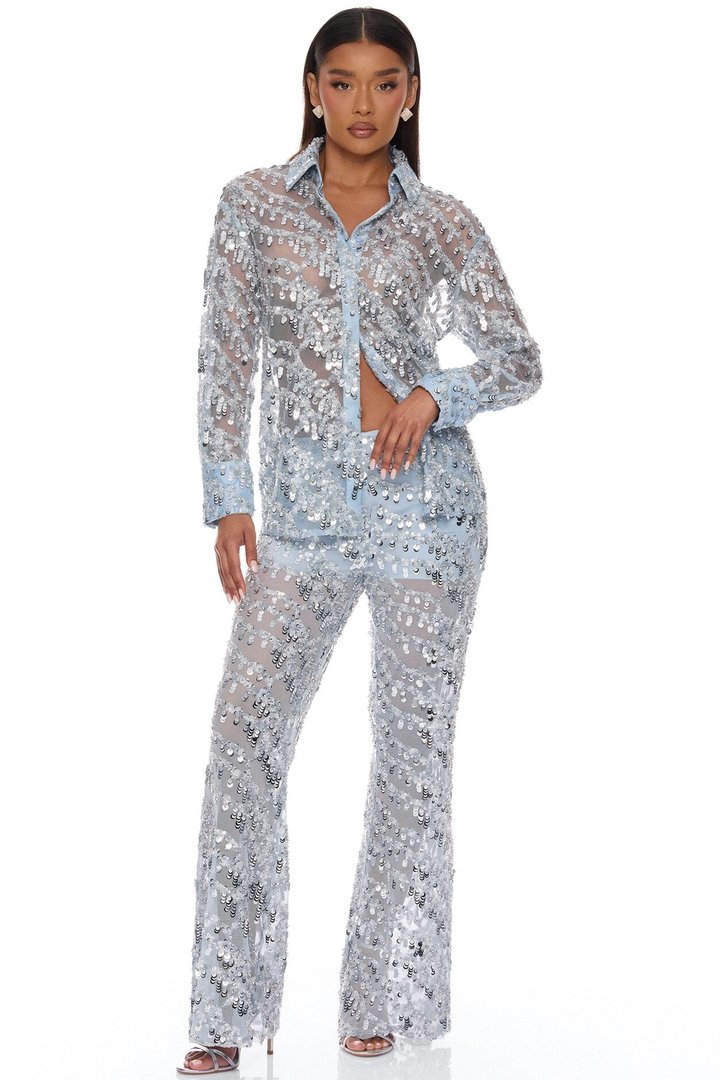 Zariah Sheer Sequin Top - Light Blue