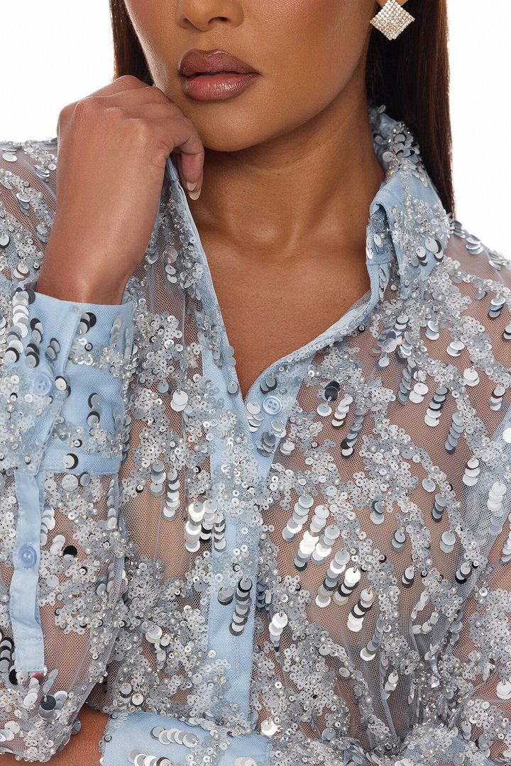 Zariah Sheer Sequin Top - Light Blue
