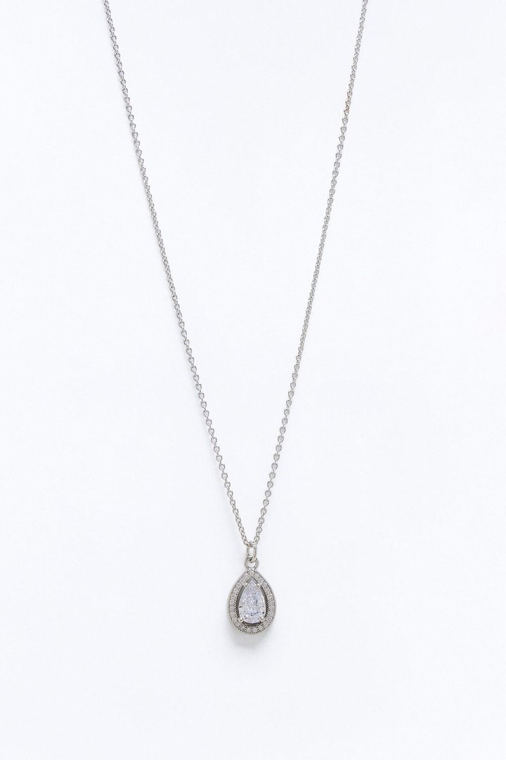 Cubic Zirconia Tear Drop Necklace - Silver