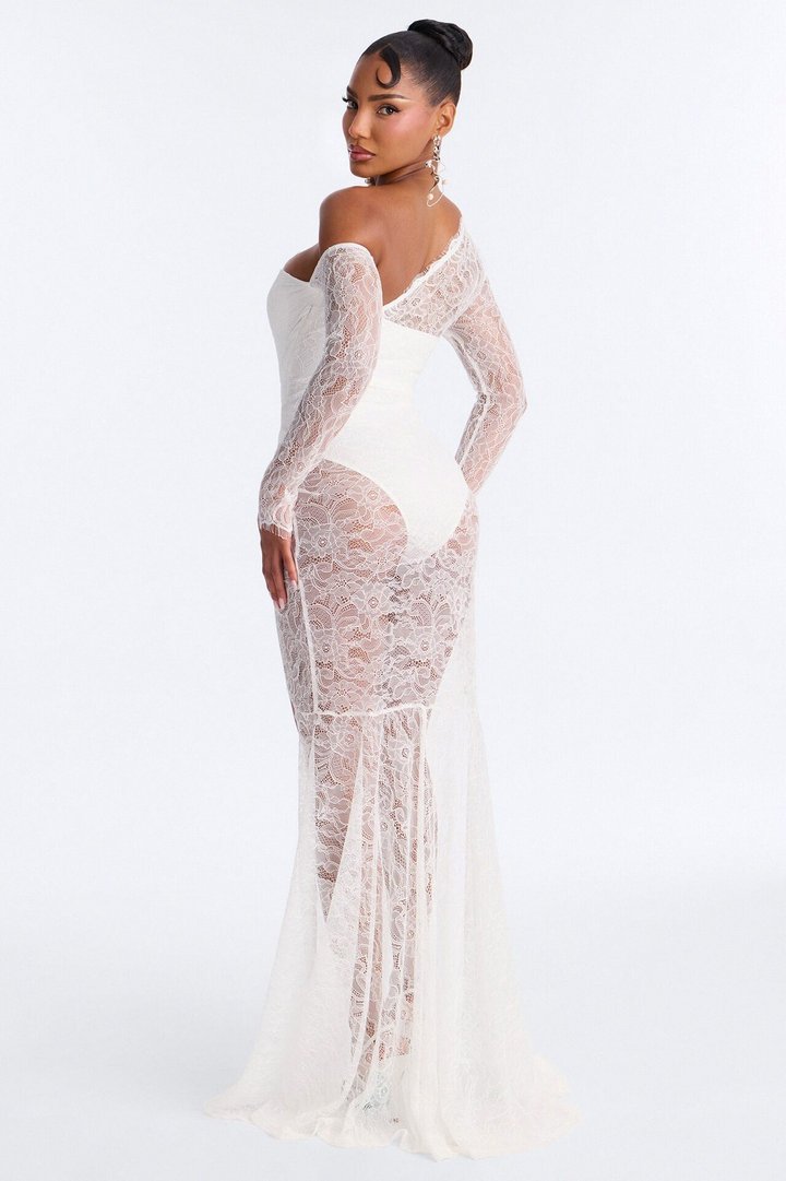 Subtle Flex Sheer Lace Maxi Dress - White