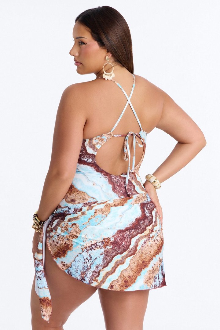 Tropical Heat 1 Piece Marble Cut Out Swimsuit & Micro Mini Sarong Set - Multi Color