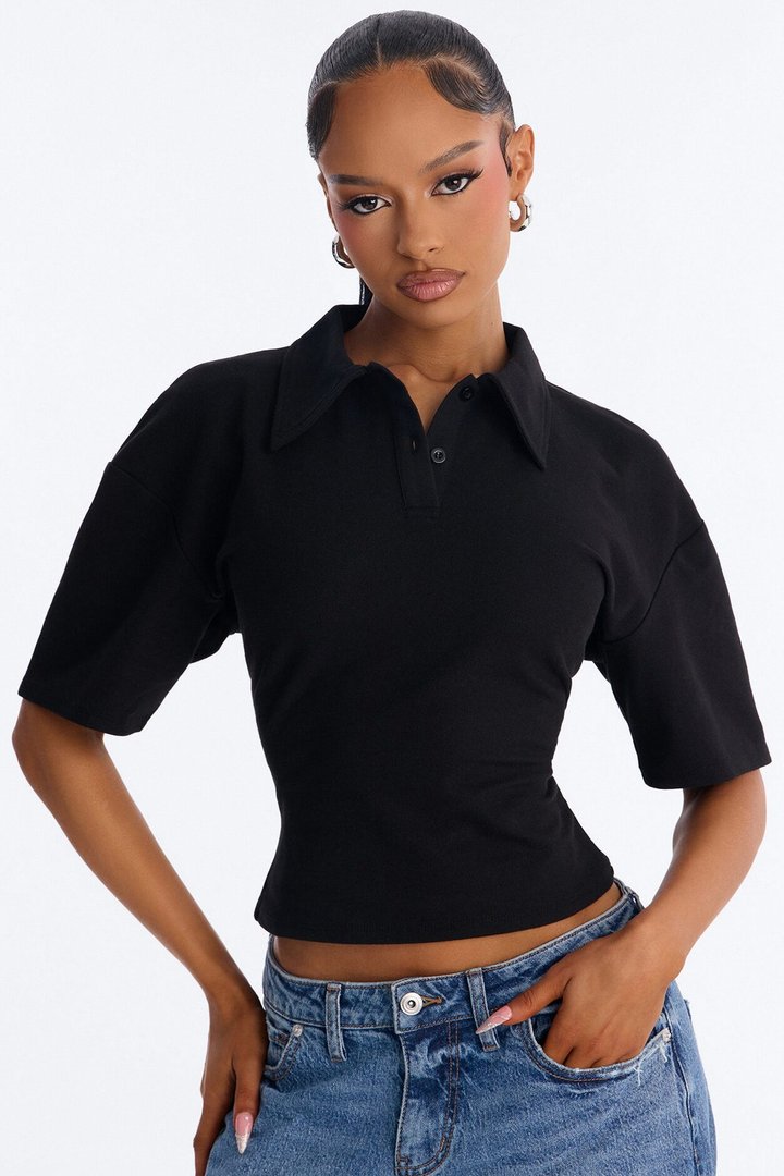 Street Serve Cinched Short Sleeve Polo Top - Black
