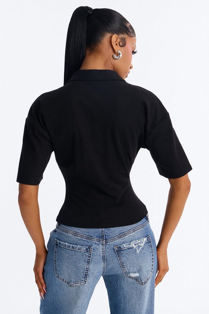 Street Serve Cinched Short Sleeve Polo Top - Black