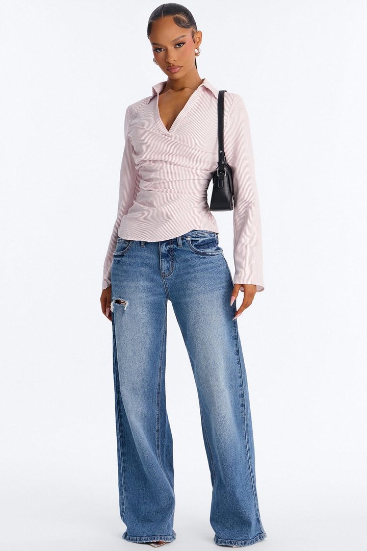 Modern Girl Ruched Pinstripe Top - Pink/combo