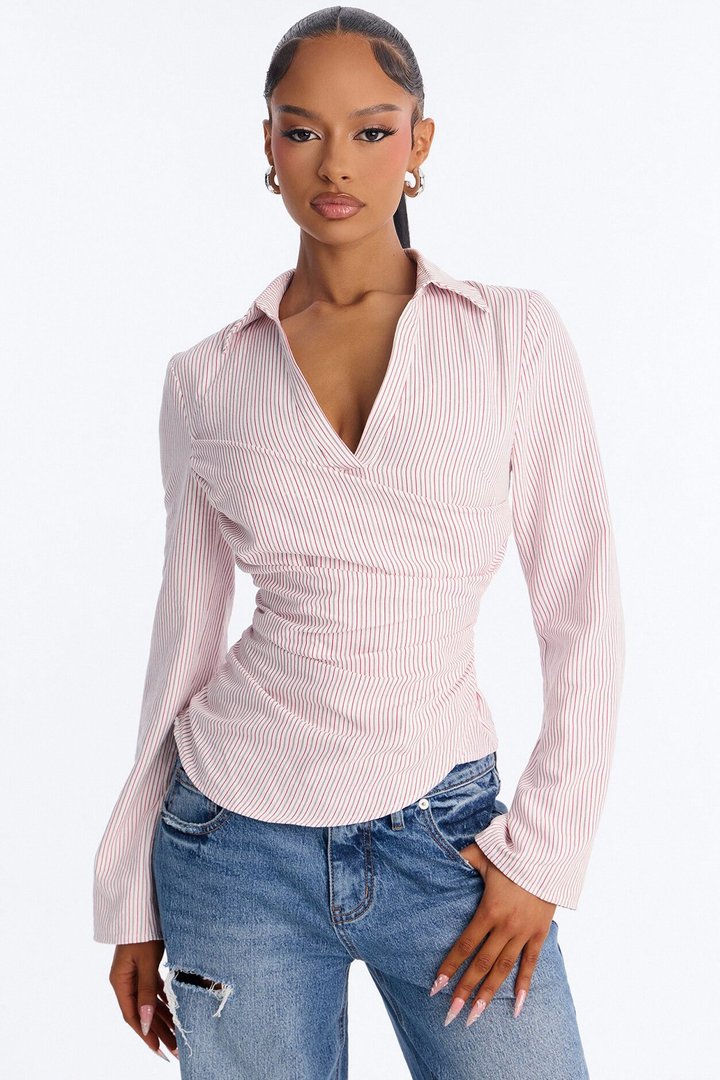 Modern Girl Ruched Pinstripe Top - Pink/combo