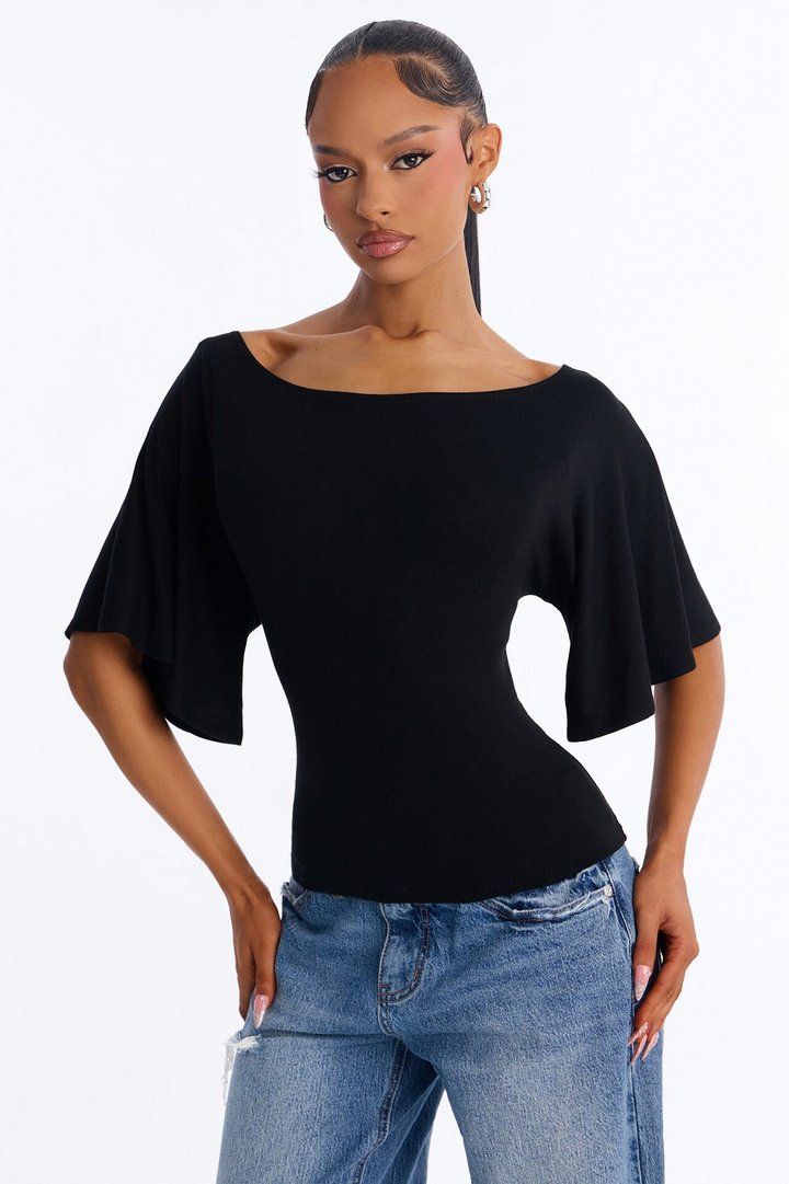 Nicolette Tie Waist Short Sleeve Top - Black