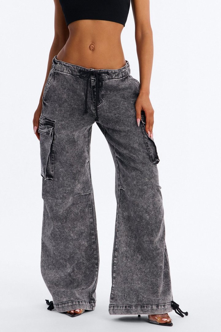 Locked In Tie Waist Stretch Cargo Jeans - Black Wash