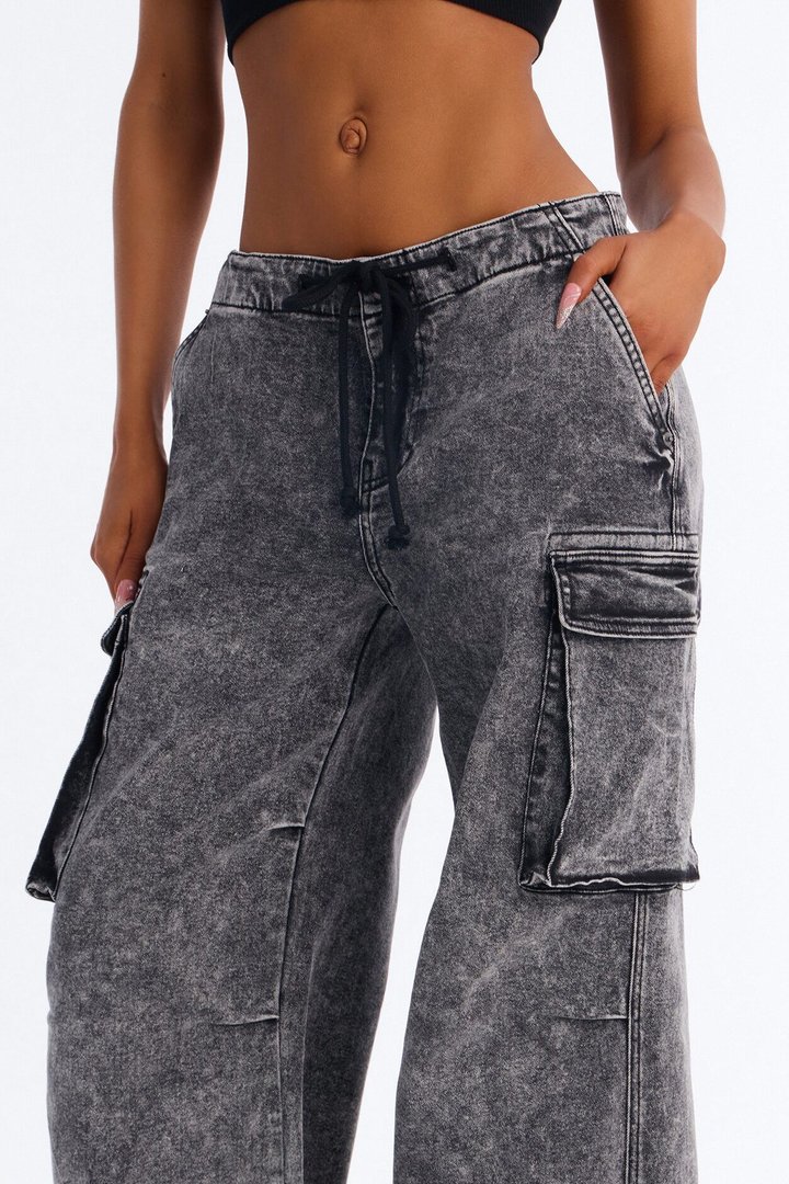 Locked In Tie Waist Stretch Cargo Jeans - Black Wash