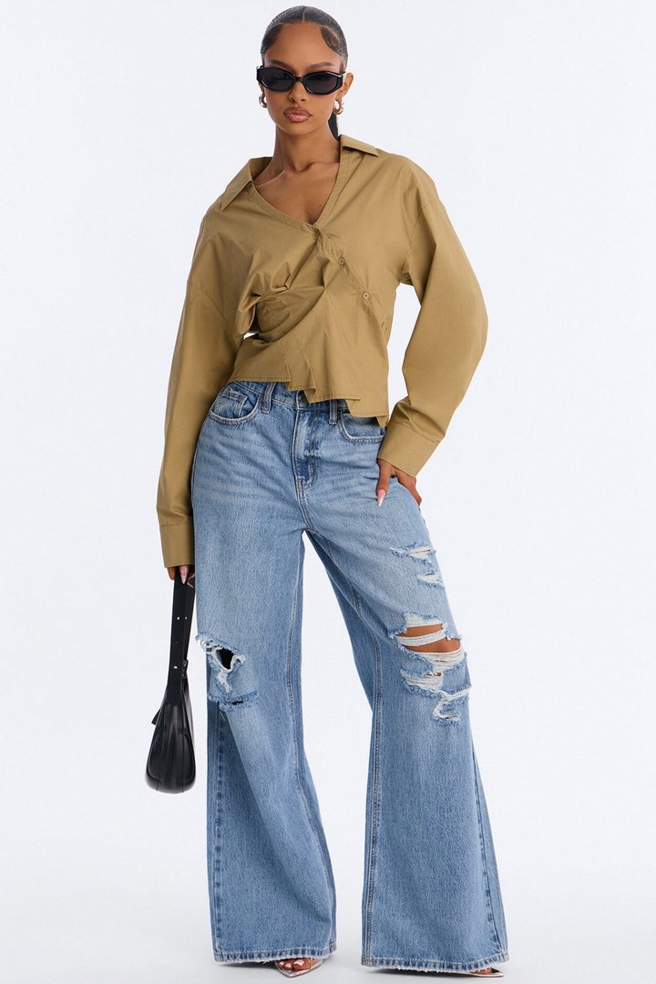 Stepping Out Asymmetrical Poplin Shirt - Military Green