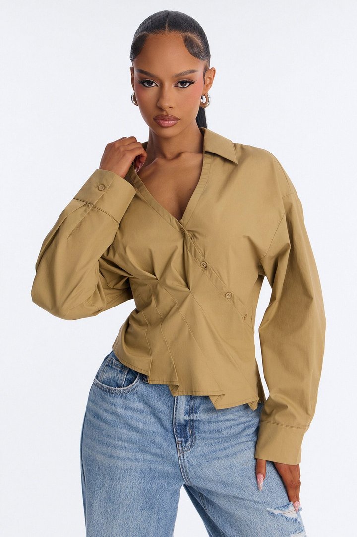Stepping Out Asymmetrical Poplin Shirt - Military Green