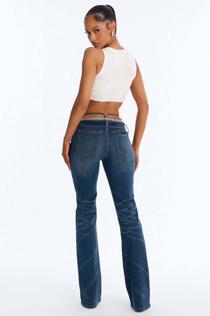 Dare Me Ultra Low Rise Charm Thong Bootcut Jeans - Vintage Wash