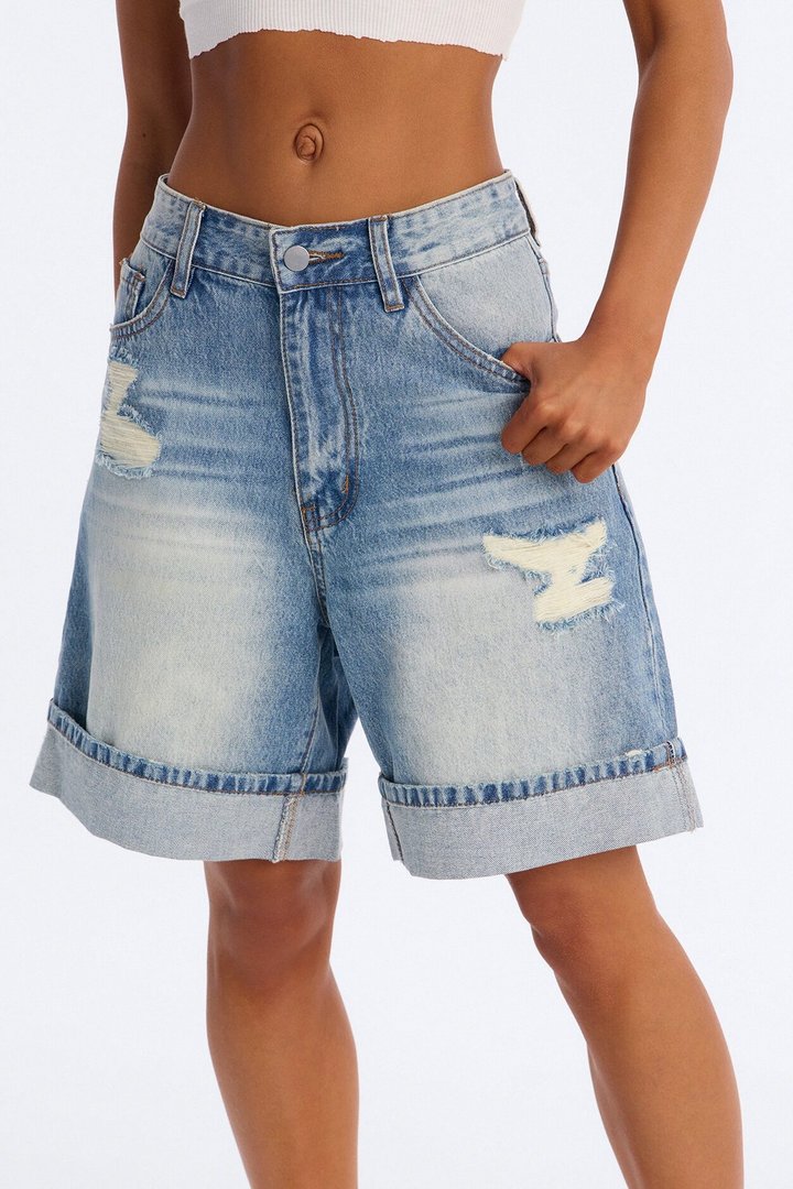Trust Me Cuffed Denim Bermuda Shorts - Medium Wash