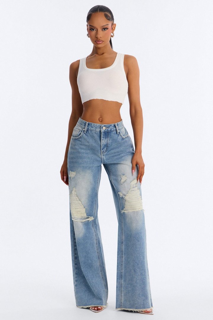Doing My Best Ripped Non Stretch Jeans - Medium Wash