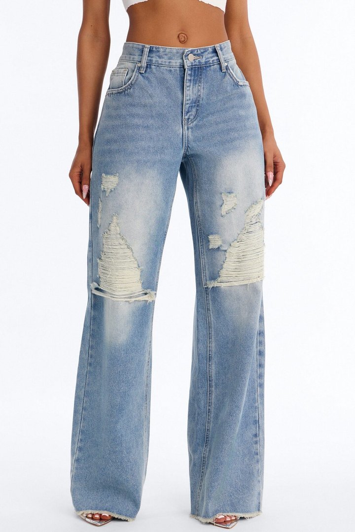 Doing My Best Ripped Non Stretch Jeans - Medium Wash