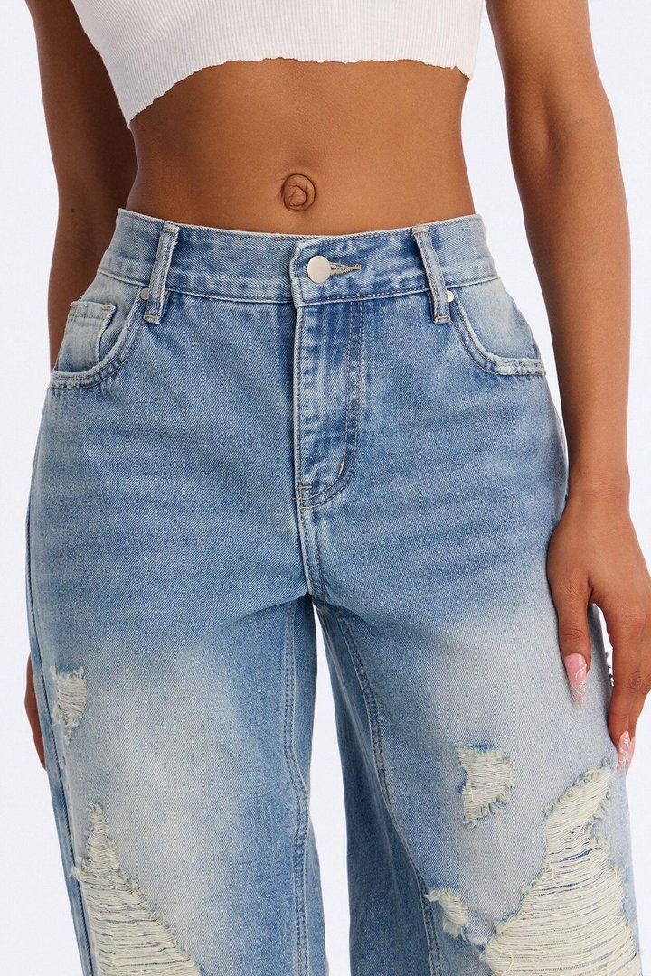 Doing My Best Ripped Non Stretch Jeans - Medium Wash