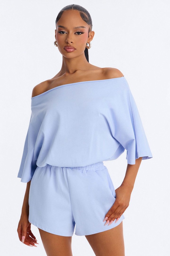 Sunday Dream Cotton Off Shoulder Romper - Dusty Blue