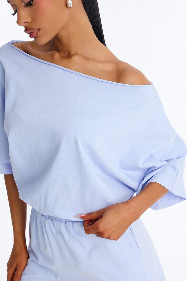 Sunday Dream Cotton Off Shoulder Romper - Dusty Blue