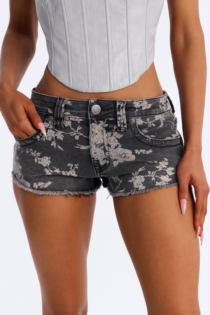 Happiness Blooms Low Rise Cut Off Denim Shorts - Grey/combo