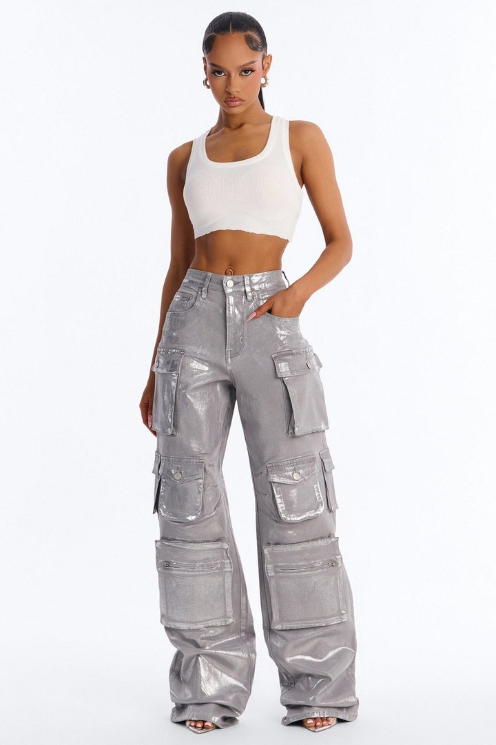 Tall Time To Shine Foil Baggy Cargo Jeans - Silver