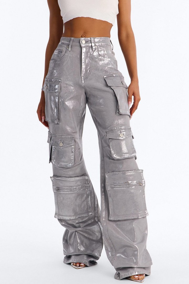 Tall Time To Shine Foil Baggy Cargo Jeans - Silver
