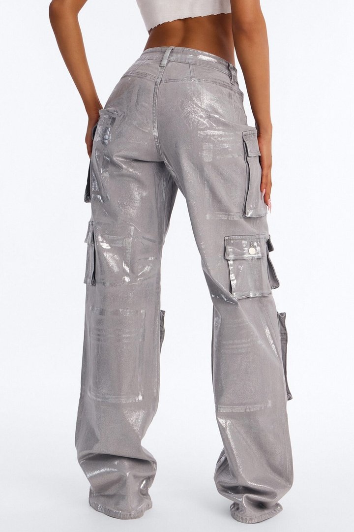 Tall Time To Shine Foil Baggy Cargo Jeans - Silver