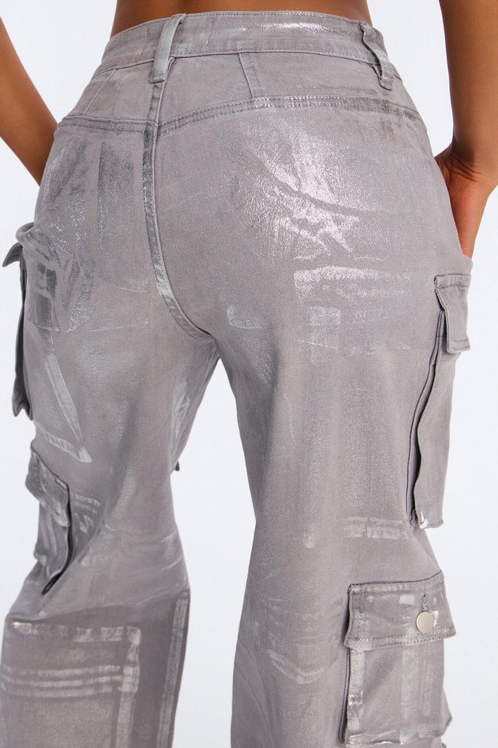 Tall Time To Shine Foil Baggy Cargo Jeans - Silver