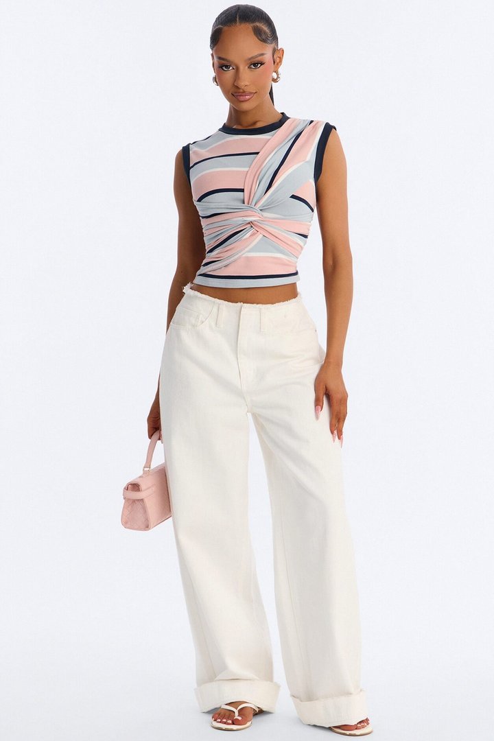 Jackie Striped Sleeveless Twist T-Shirt - Rose/Combo