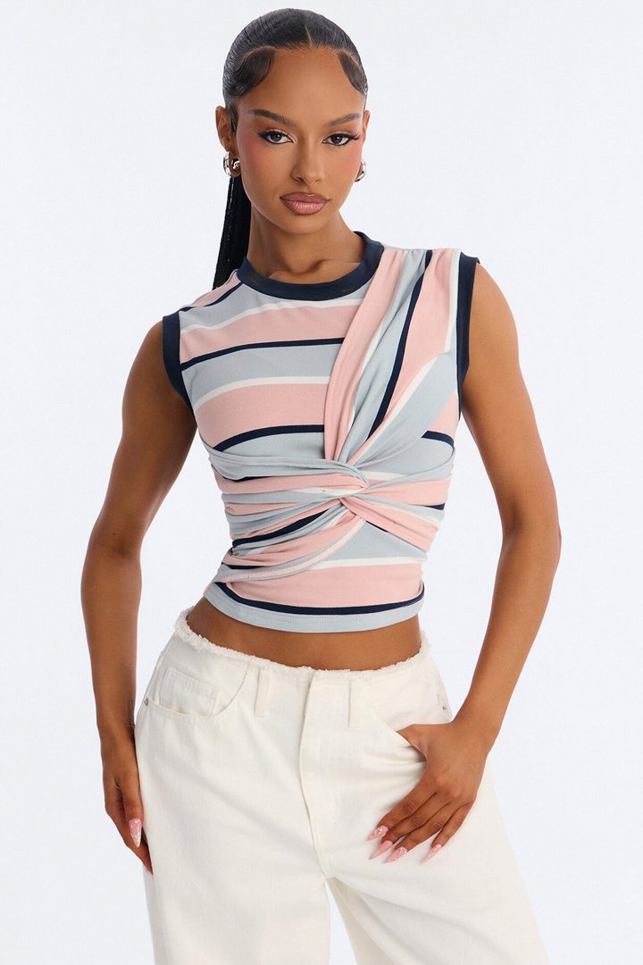 Jackie Striped Sleeveless Twist T-Shirt - Rose/Combo