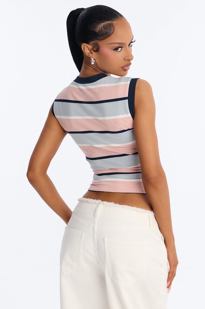 Jackie Striped Sleeveless Twist T-Shirt - Rose/Combo