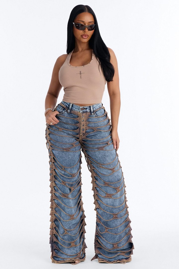 On Top Ripped Stretch Wide Leg Jeans - Medium Wash