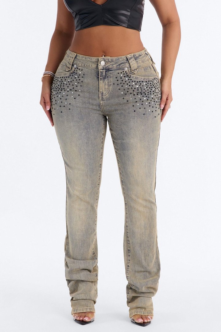 Bad Behavior Embellised Stretch Slim Straight Jeans - Vintage Wash