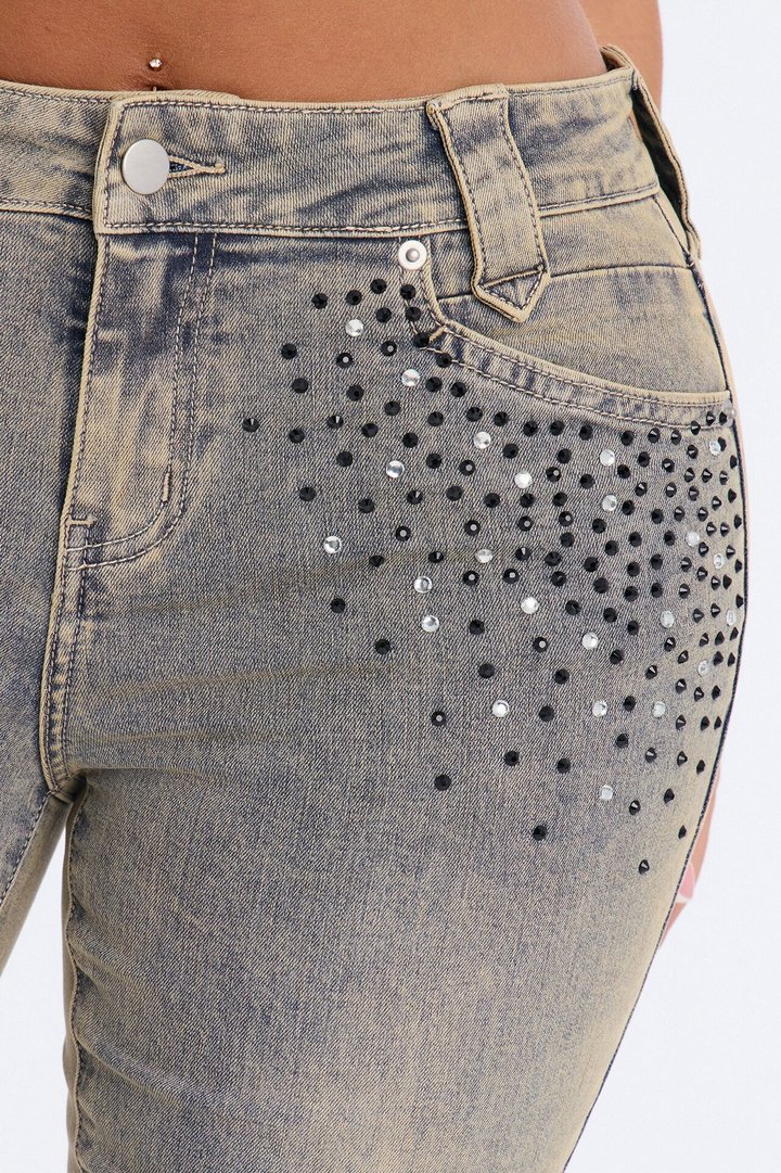 Bad Behavior Embellised Stretch Slim Straight Jeans - Vintage Wash