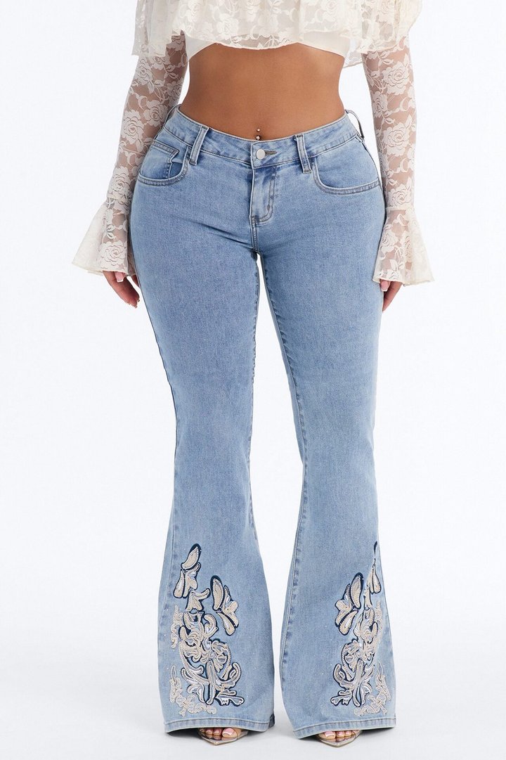 Bless You Low Rise Embroidered Flare Jeans - Medium Wash